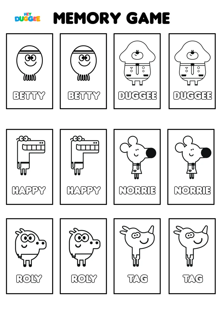 Colouring sheet of Hey Duggee characters